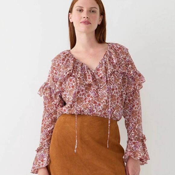 J. Crew Tops - J. Crew Crinkle Chiffon Floral Fete Ruffle Bell Long Sleeve V-Neck Blouse MEDIUM